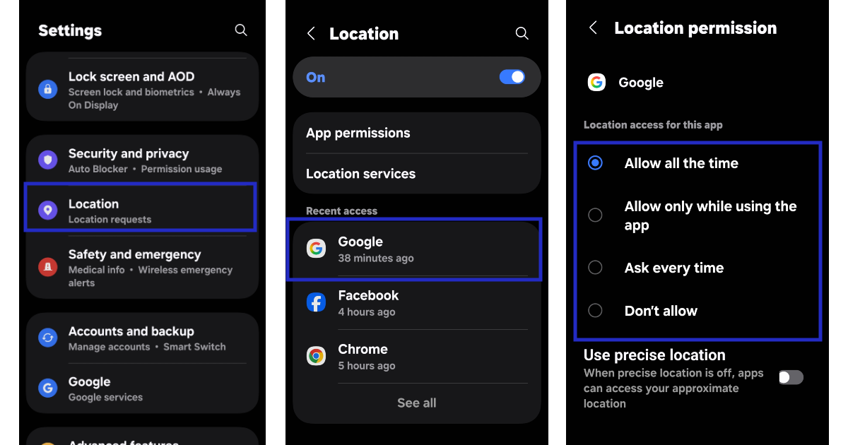 Android settings showing how to disable GPS tracking (App Location Permissions)