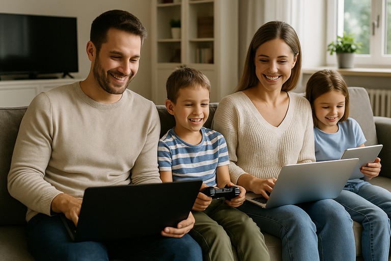 A family enjoying devices at home—laptops, tablets, and video games—illustrating how ISPs can see the entire household’s digital life